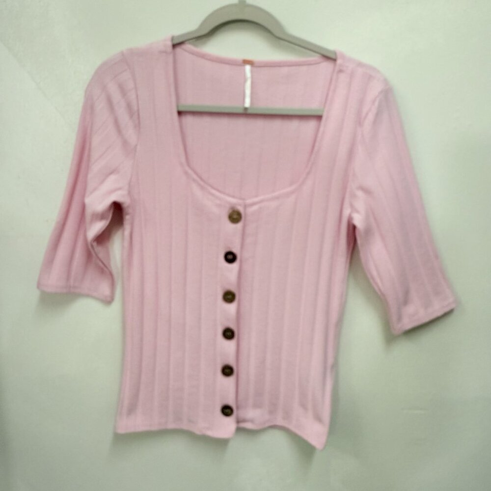 FREE PEOPLE, Pink, Square Neck, Short Sleeve Button Down Shirt, Size L